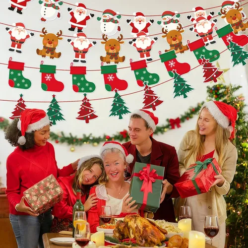Miniatura 4 de jijAcraft Paquete de 4 pancartas de Navidad, decoraciones de Navidad con diseños de Papá Noel, muñeco de nieve, reno y árbol, guirnalda colgante