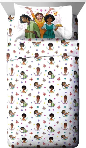 Jay Franco Encanto, The Family Madrigal - Juego de sábanas tamaño individual de 3 piezas para niños, microfibra, blanco, Disney (85 hilos)