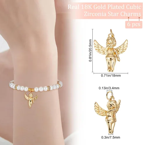 Miniatura 2 de Beebeecraft 1 caja 6 dijes de ángel chapados en oro de 18 quilates con anillo de salto para aretes, pulsera, collar, joyería, manualidades