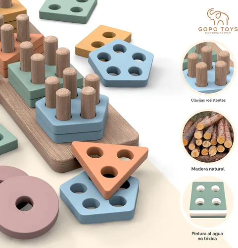 Miniatura 4 de GOPO TOYS Juguetes Montessori para niños de 1 año - Clasificador de formas de madera y rompecabezas apilables - Aprendizaje de niños pequeños