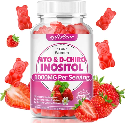 softbear Suplemento de inositol para mujeres, gomitas de mio-inositol y D-Chiro inositol de 1000 mg con vitamina D3 para apoyo POCS y bienestar