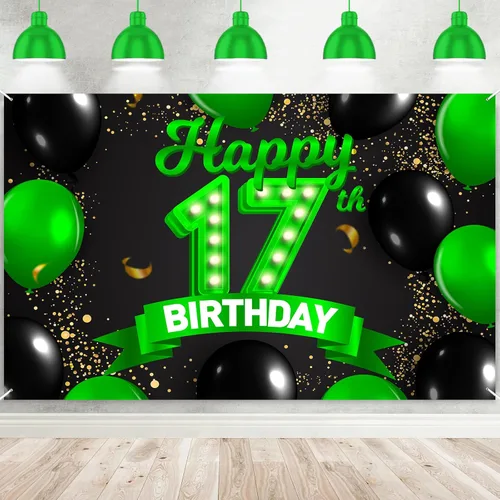 Miniatura 43 de Cartel de feliz cumpleaños 26 verde y negro, telón de fondo con texto en inglés "Cheers to 26 years old confeti", globos de confeti, decoración