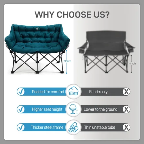 Miniatura 5 de EVER ADVANCED Silla de campamento doble para adultos, asiento de amor plegable acolchado para campamento con bolsillo lateral, sofá de campamento