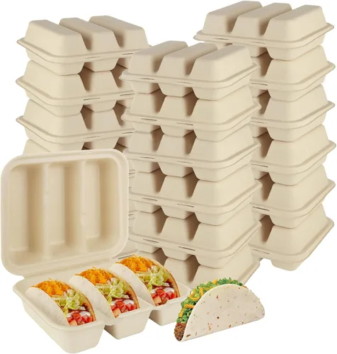 JMIATRY 50 soportes desechables para tacos con tapas, platos desechables para tacos con 3 compartimentos, divisores de fibra de pulpa, desechables,