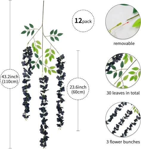 Miniatura 2 de Paquete de 12 flores colgantes de glicina artificial, guirnalda de flores de glicina falsas, enredaderas de seda, decoración de ratán para el hogar