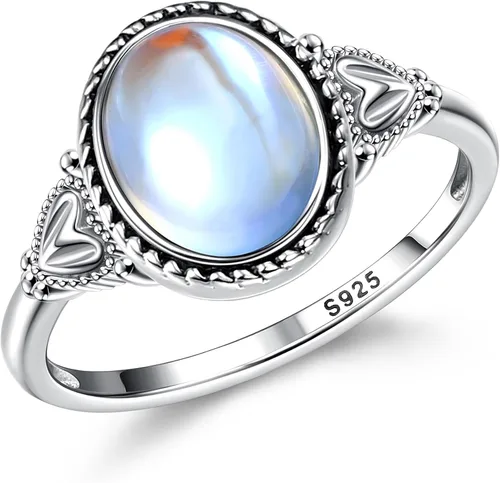 Florideco Anillo de plata de ley con piedra lunar, estilo vintage, hecho a mano, estilo victoriano, ovalado, chapado en oro blanco de 18 quilates,