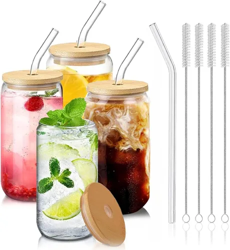 Miniatura 19 de Vasos de vidrio con tapas y pajitas, 1 paquete, tazas de café de vidrio, taza de vidrio con tapa para café helado, batido, cóctel, cerveza, whisky