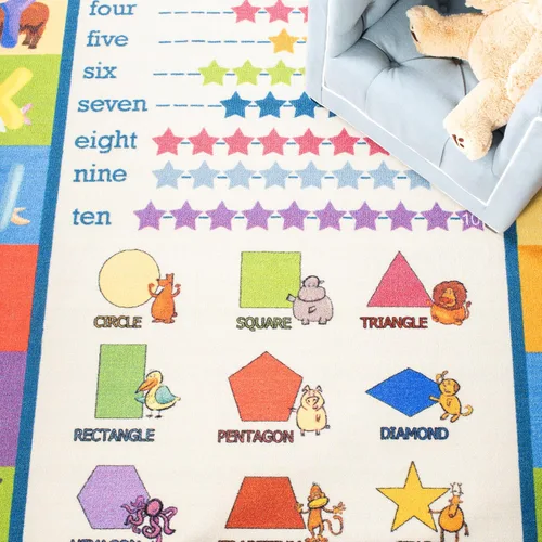 Miniatura 5 de SAFAVIEH Alfombra lavable para niños, colección de casas de juegos, 3 pies 3 pulgadas x 5 pies 3 pulgadas, beige y azul, antideslizante y fácil