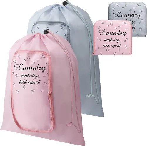 2 piezas de bolsa de lavandería para viaje, lavable, para ropa sucia, con cordón y cremallera para maleta, 22 x 18 pulgadas (Rosa, Gris, Burbuja)