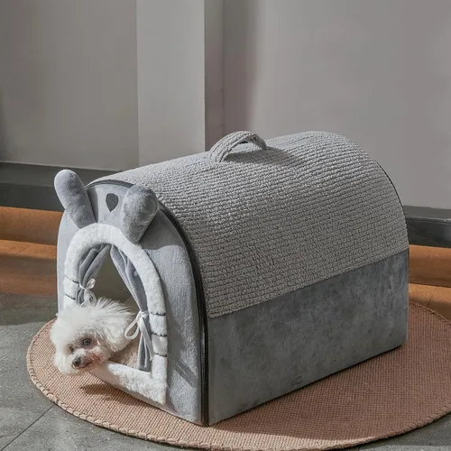 Miniatura 7 de Jiupety Casas para gatos de interior, cama cueva con diseño de cortina de puerta, bonitas camas portátiles con cojín reversible lavable, tamaño S