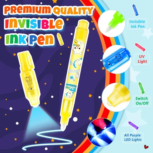 Miniatura 2 de GIFTINBOX Bolígrafo de tinta invisible con luz UV para niños, 12 bolígrafos espía para fiestas para niños de 8 a 12 años, marcador mágico