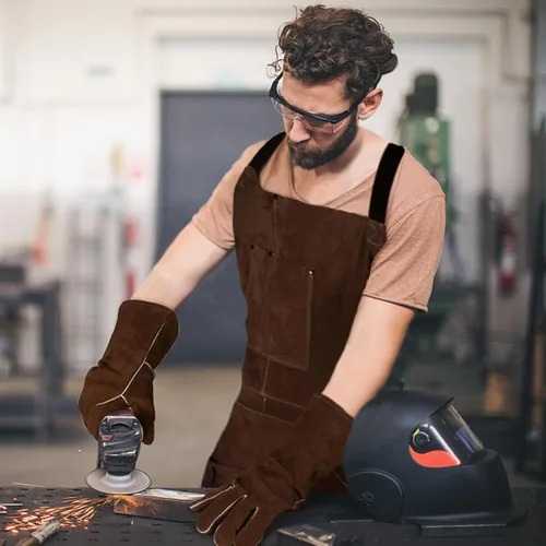Miniatura 8 de eletecpro Delantal de Cuero de Trabajo Pesado para Soldadura de Cuero Genuino de Vaca Resistente a Llamas y Calor Ajustable 42L x 24A con 6 Marrón