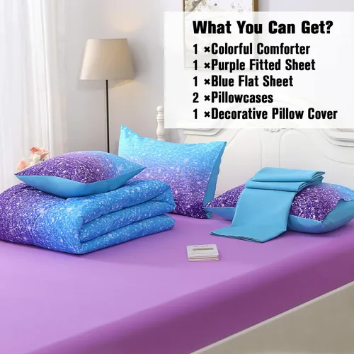 Miniatura 6 de JQinHome Juego de edredón con purpurina, tamaño individual, juego de ropa de cama en una bolsa de 6 piezas en 3D colorido degradado para niñas