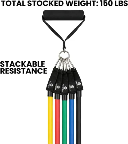 Miniatura 7 de THORZA Juego de 11 piezas de entrenamiento de fuerza de cuerpo completo con bandas de resistencia, bandas de ejercicio de tubo de 5 niveles, sin