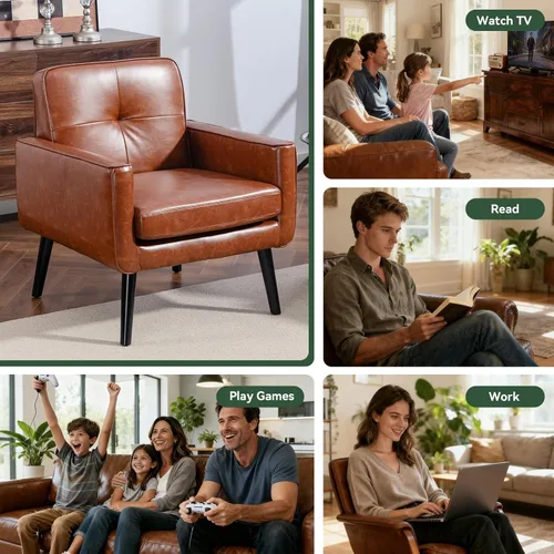 Miniatura 4 de Sillón moderno de acento de mediados de siglo, silla de piel sintética PU con estructura de madera, sillón acogedor para lectura con respaldo cómodo