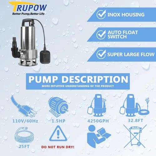 Miniatura 2 de Trupow 1.5HP 110v sumergible drenaje de aguas residuales inundación acero inoxidable limpia/sucio transferencia de sumidero de agua estanque jardín