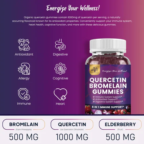 Miniatura 2 de Paquete de 2 gomitas de quercetina con bromelina, zinc, saúco, vitamina C D3 K2, suplemento de quercetina de 1000 mg con bromelina de 500 mg