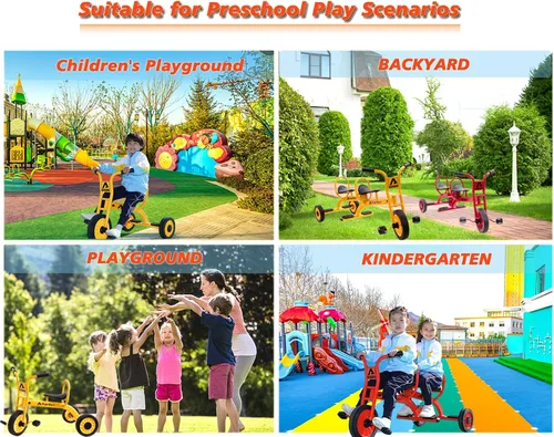 Miniatura 7 de Triciclos en Tándem para Niños de 3 a 5 Años, Triciclo de Pedal Preescolar para Juego Grupal en el Patio, Marco de Metal Resistente, Neumáticos