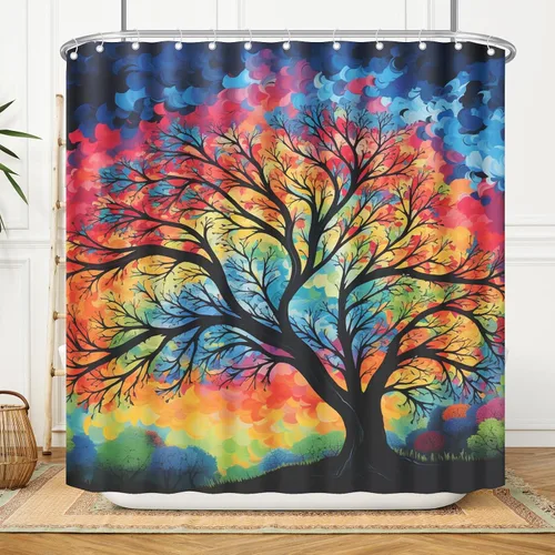 Cortina de ducha artística de arco iris, juego de cortina de ducha de árbol de temporadas de colores, círculos coloridos, puntos, rama, pintura,