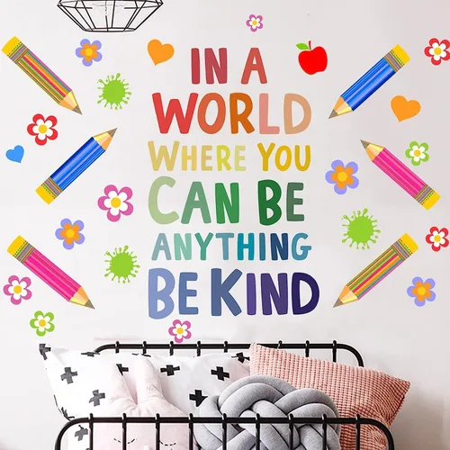 Calcomanías de pared motivacionales para niños, cita inspiradora "in A World Where You Can Be Anything Be Kind", calcomanías de pared de aula para