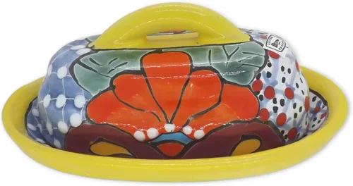 Miniatura 3 de Cuenco para Mantequilla de Cerámica Talavera con Tapa Pintada a Mano, Auténtica Cerámica Mexicana de Cocina con Diseño Floral (Amarillo)