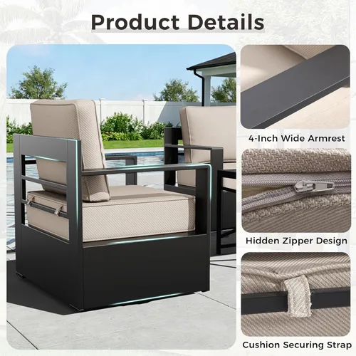 Miniatura 4 de Muebles de Patio al Aire Libre de Aluminio, Sillas de Metal para Todo Clima con Cojines de 6 Pulgadas de Grosor, Asiento Profundo para Jardín, Beige