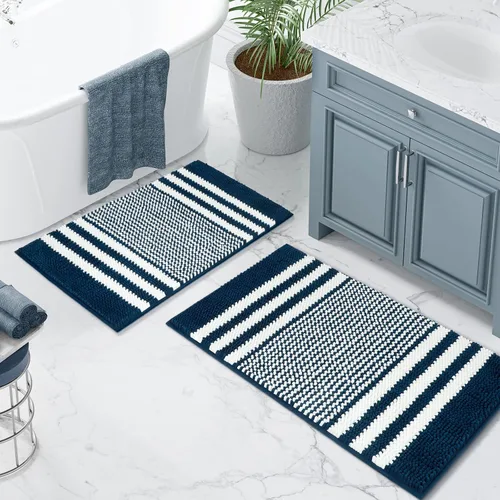Miniatura 9 de Juego de alfombras de baño Tindbea 2 piezas, extra suave y absorbente, felpudo de baño de chenilla a rayas esponjosas, antideslizante, lavable a