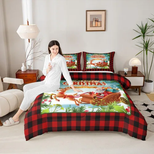 Miniatura 23 de Juego de edredón de Feliz Navidad para niños, tamaño twin, juego de ropa de cama de camión rojo árboles de pino copos de nieve, decoración