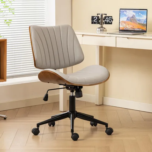 Miniatura 9 de EROMMY Silla de escritorio de oficina sin brazos, con respaldo de madera, silla de escritorio de oficina pequeña, sin brazos, altura ajustable, Beige