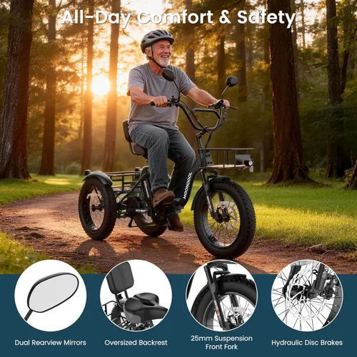 Miniatura 3 de MOONCOOL Triciclo eléctrico para adultos, marco de aluminio de neumático grueso de 1000 W, 4 pulgadas, batería de 48 V y 14.5 Ah, frenos de disco