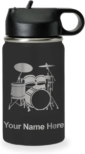 LaserGram Botella de agua personalizada, juego de tambor, acero inoxidable de doble pared aislada al vacío con popote superior, regalo grabado Negro