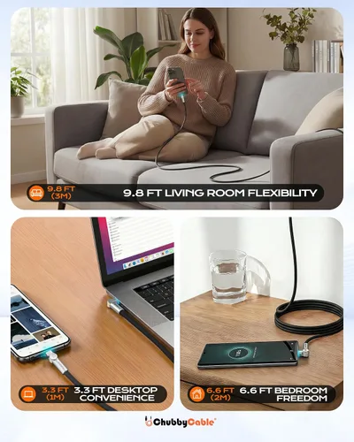 Miniatura 7 de chubbycable Chubby RotateX - Cable de carga rápida giratorio de 240 W, doble 180°, con luz LED, cable USB C de silicona suave, cable de carga extra