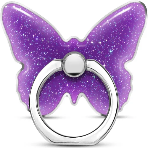 TACOMEGE Soporte para teléfono con purpurina brillante, diseño de mariposa, color morado para mujeres y niñas, compatible con smartphone, tableta,