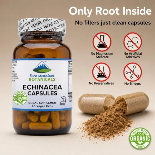 Miniatura 9 de Pure Mountain Botanicals Cápsulas de equinácea - Raíz orgánica de Angustifolia - 420 mg - 90 cápsulas - Suministro para 90 días - Suplemento Kosher