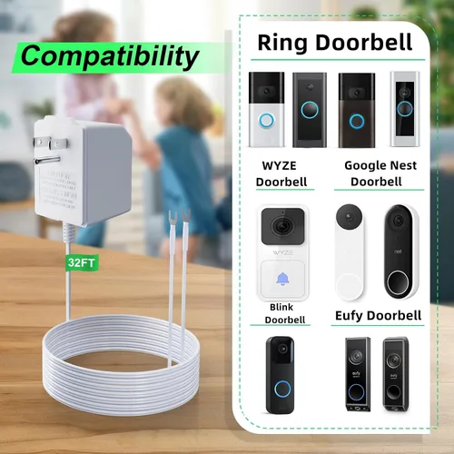 Miniatura 2 de Fuente de alimentación transformadora de timbre de 24 voltios para timbre de video en anillo, compatible con anillo, Google Nest, WYZE, Eufy, Blink