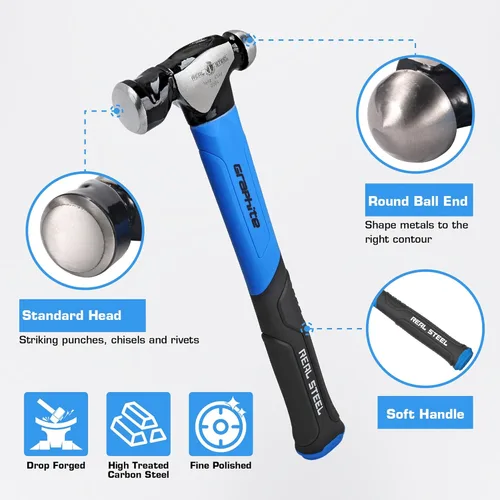 Miniatura 2 de Real Steel Martillo de bola 16oz, herramienta de metal de grafito encamisado forjado cabeza de acero martillo de bola Pein Hammer 0504