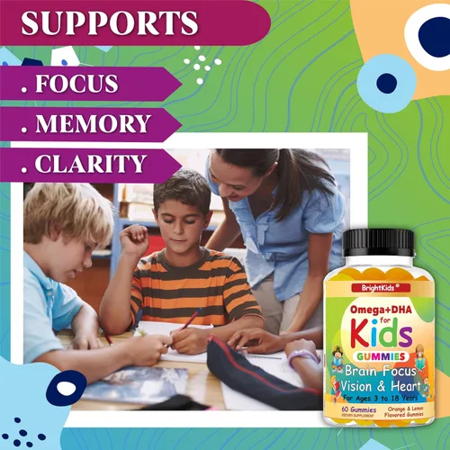 Miniatura 2 de BrightKids Gomitas Omega + DHA para niños y adolescentes, suplementos de concentración y atención para niños, gomitas de enfoque para niños, gomitas