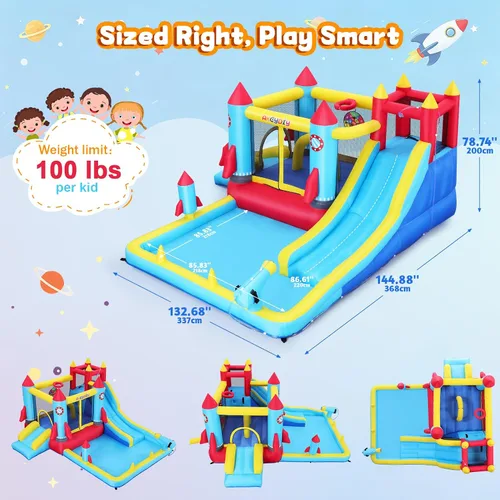 Miniatura 2 de Casa inflable de rebote con tobogán acuático, 12 en 1, tobogán acuático inflable con piscina de salpicaduras, aro de baloncesto, pistola de agua