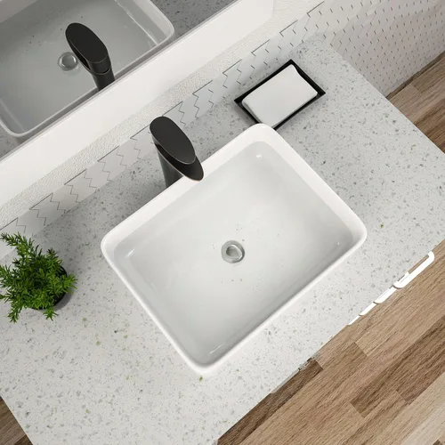 Lavabo Rectangular, Dcolora 19" x 15" Lavabo de Baño de Cerámica Blanca de Porcelana Rectangular Lavabo de Baño Sobre Mostrador Lavamanos de Tocador