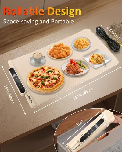 Miniatura 4 de Tapete de calentamiento de alimentos, calentador eléctrico enrollable de alimentos, 10 niveles de temperatura y temporizador de 10 horas, bandeja
