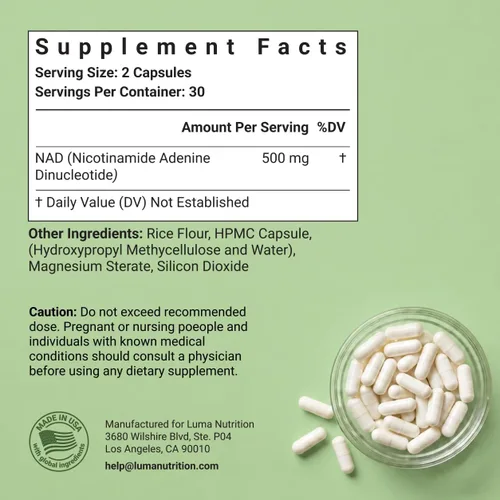 Miniatura 4 de Luma Nutrition Suplemento NAD+ de 500 mg por porción (250 mg por cápsula) – Envejecimiento más energía, metabolismo y apoyo celular – Suplementos