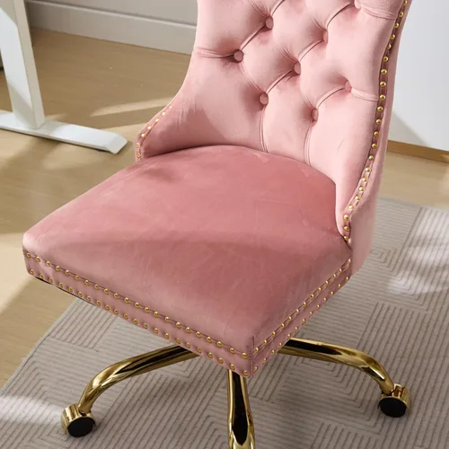 Miniatura 3 de Silla de oficina en casa de terciopelo con base de metal dorado y ribete de cabeza de clavo, moderna silla de trabajo tapizada giratoria tapizada