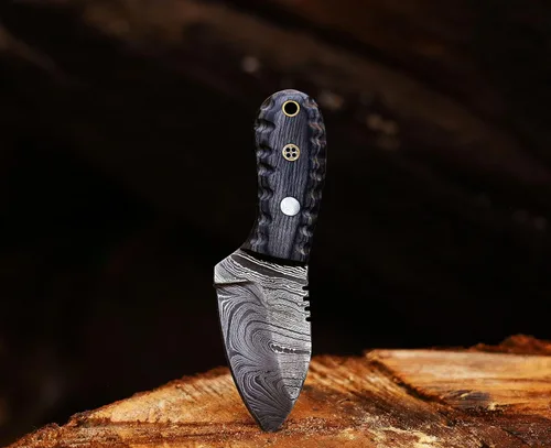 Miniatura 6 de ANCILLA Cuchillo de caza de Damasco hecho a mano EDC para ciervo, hoja fija de espiga completa, mini cuchillo de cuello de vaquero de bolsillo