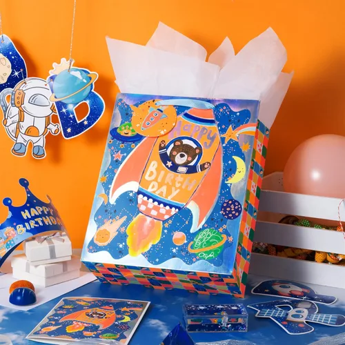 Miniatura 7 de LeZakaa Bolsa de regalo de cumpleaños de 13 pulgadas, bolsa de regalo mediana de papel de aluminio metálico con papel de seda, etiqueta de regalo