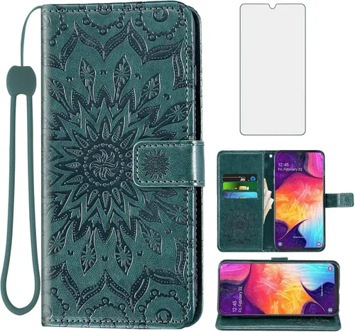 Funda de teléfono para Samsung Galaxy A50 con protector de pantalla de vidrio templado, funda magnética de cuero, soporte para tarjetas, accesorios