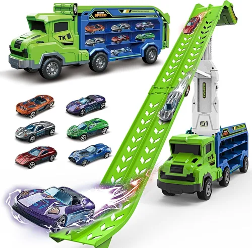 Miniatura 9 de Juguetes de coche y camiones para niños pequeños, camiones de transporte de juguete para niños de 3 a 5 y 4 a 8 años, juegos de pistas de carreras