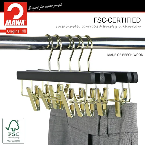 Miniatura 2 de MAWA by Reston Lloyd, Percha de madera europea, percha de madera de haya con clips ajustables para pantalones, gancho dorado giratorio, acabado