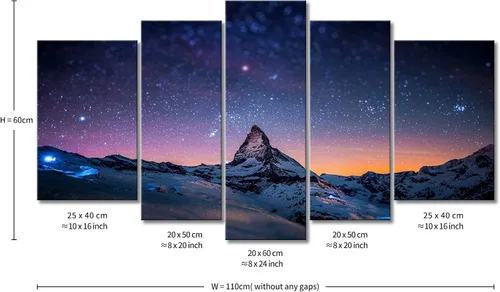 Miniatura 3 de Lienzo So Crazy Art®, pintura de cielo nocturno estrellado sobre las montañas, color de aspecto fresco, 5 piezas, decoración par pared, impresiones