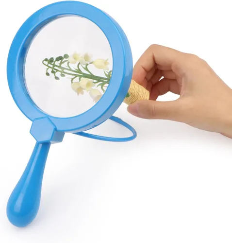 Miniatura 10 de Lupa para niños con soporte, lupa de mano 5X, lupa portátil, lupa de aumento para niños para juegos de exploración, lectura, observación al aire Rojo
