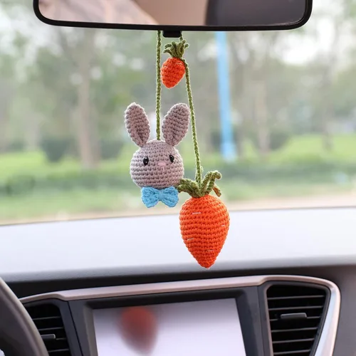 Adorno de conejito gris y zanahoria, accesorios para ventana de visión trasera, colgante hecho a mano para automóvil, decoración de interiores